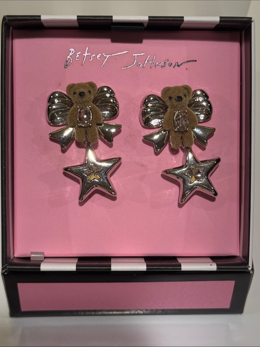 Betsey Johnson Silver Star Teddy Drop Earrings with Brown Teddy Accents